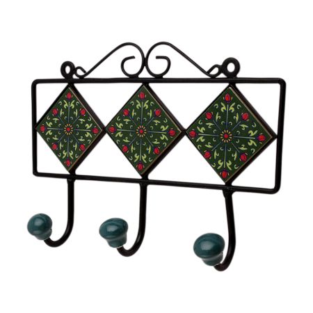 Green Floral Ceramic Tiles Hooks-466 (Set Of Ine Piece)